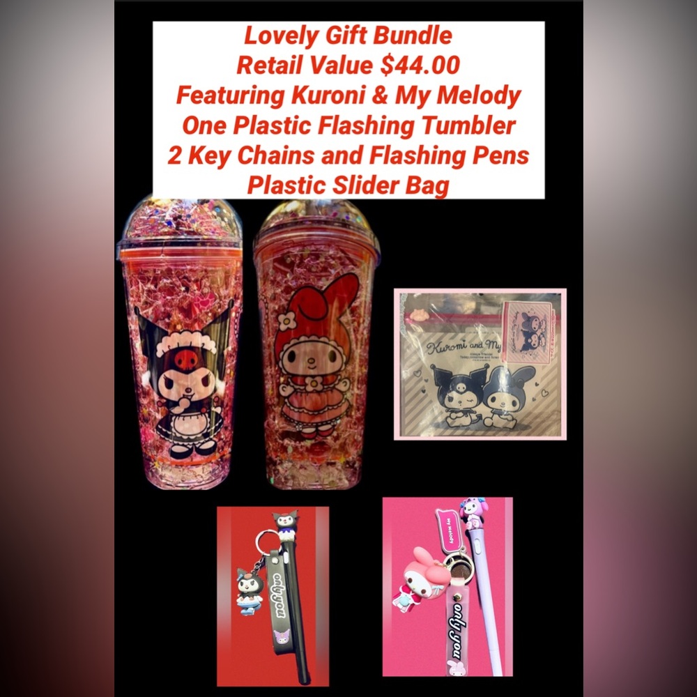 Hello Kitty Kuroni My Melody Bundle 1 Flashing Tumbler & Pens, 2 KeyChains & Bag
